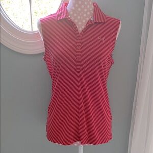 Puma Red/Pink Striped Sleeveless Golf Polo Size L